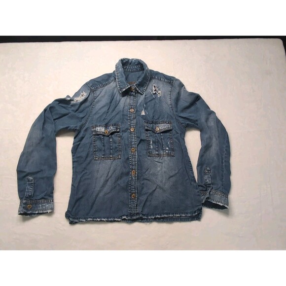 Studio F Women Button Down Long sleeve Shirt Jean Type Ripped Distressed - Picture 1 of 16
